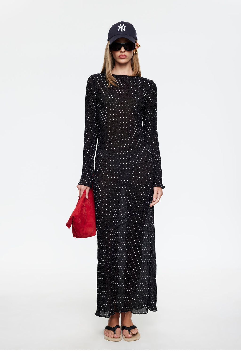 Plisse Round Neck Long Sleeve Dress