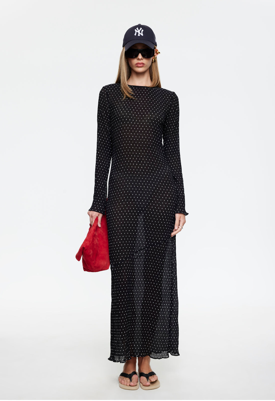 Plisse Round Neck Long Sleeve Dress