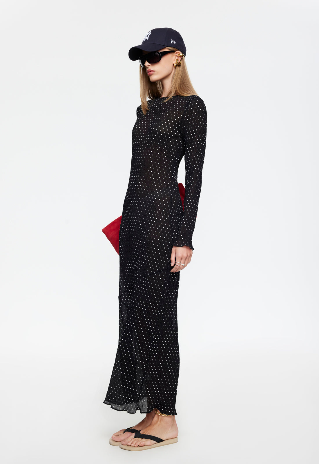 Plisse Round Neck Long Sleeve Dress