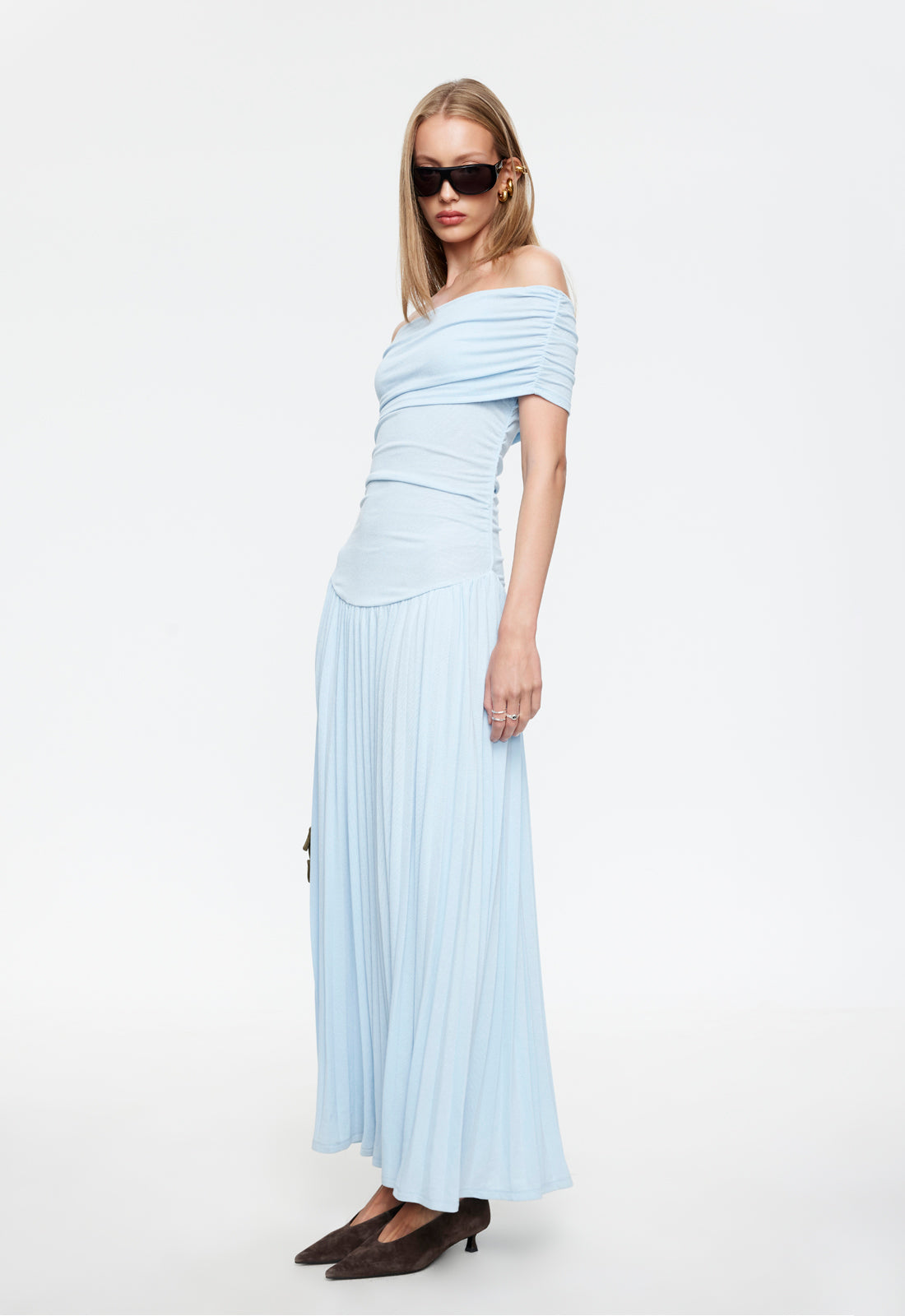 Sliding-Shoulder Wave Hem Dress