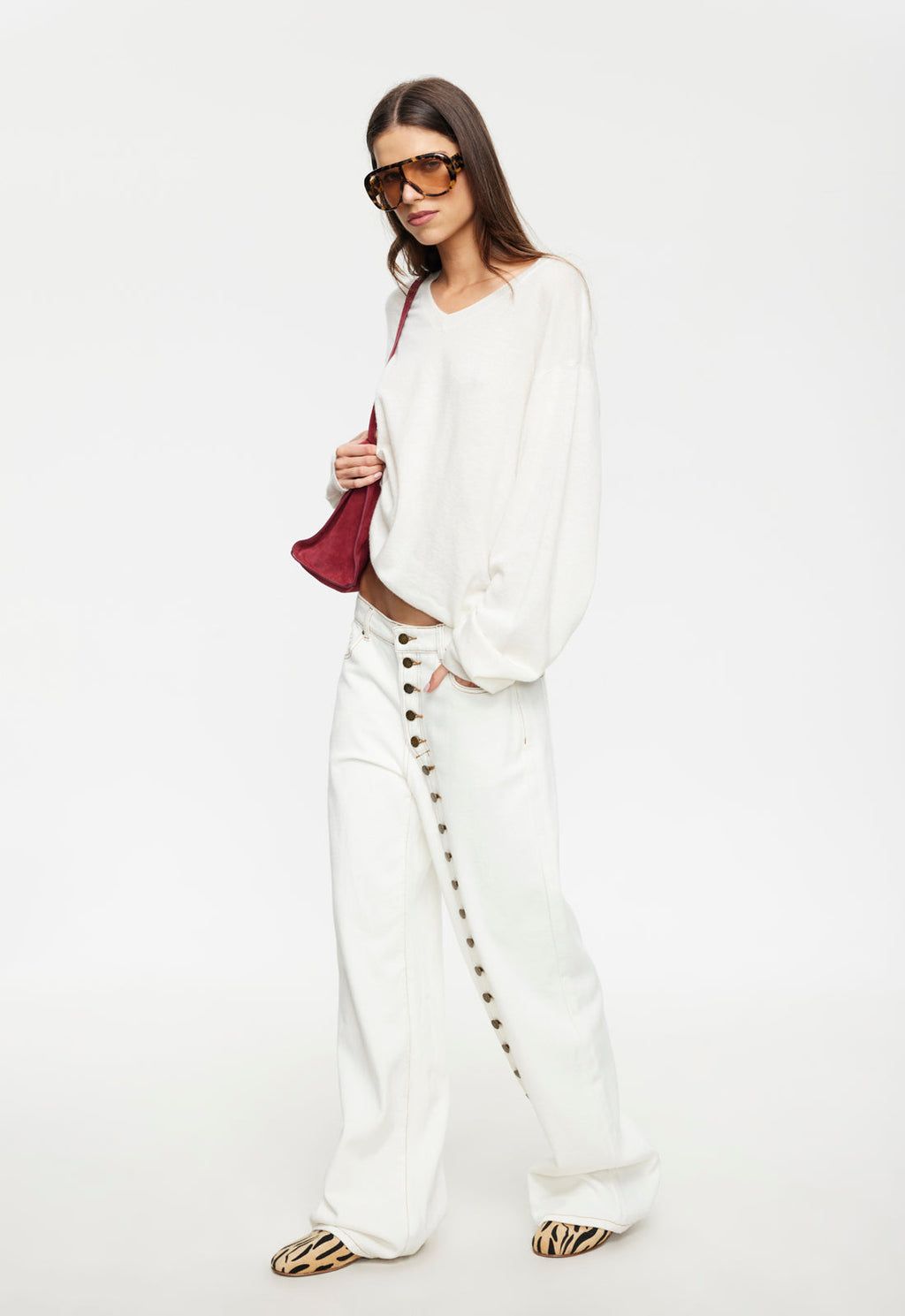 Button-Detail Straight Jeans