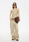 High-Neck Bronze-Clasp Backless Top