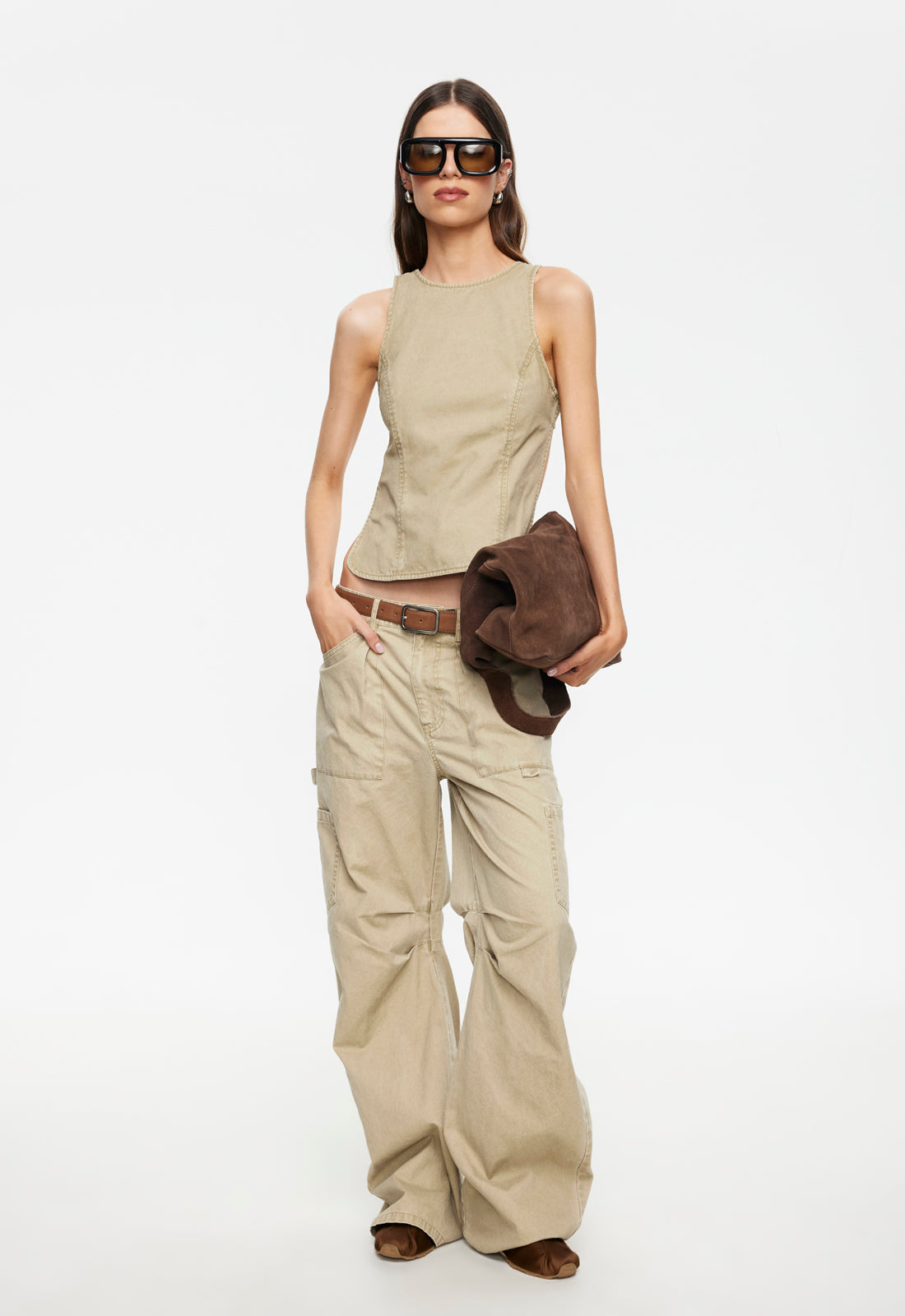 High-Neck Bronze-Clasp Backless Top