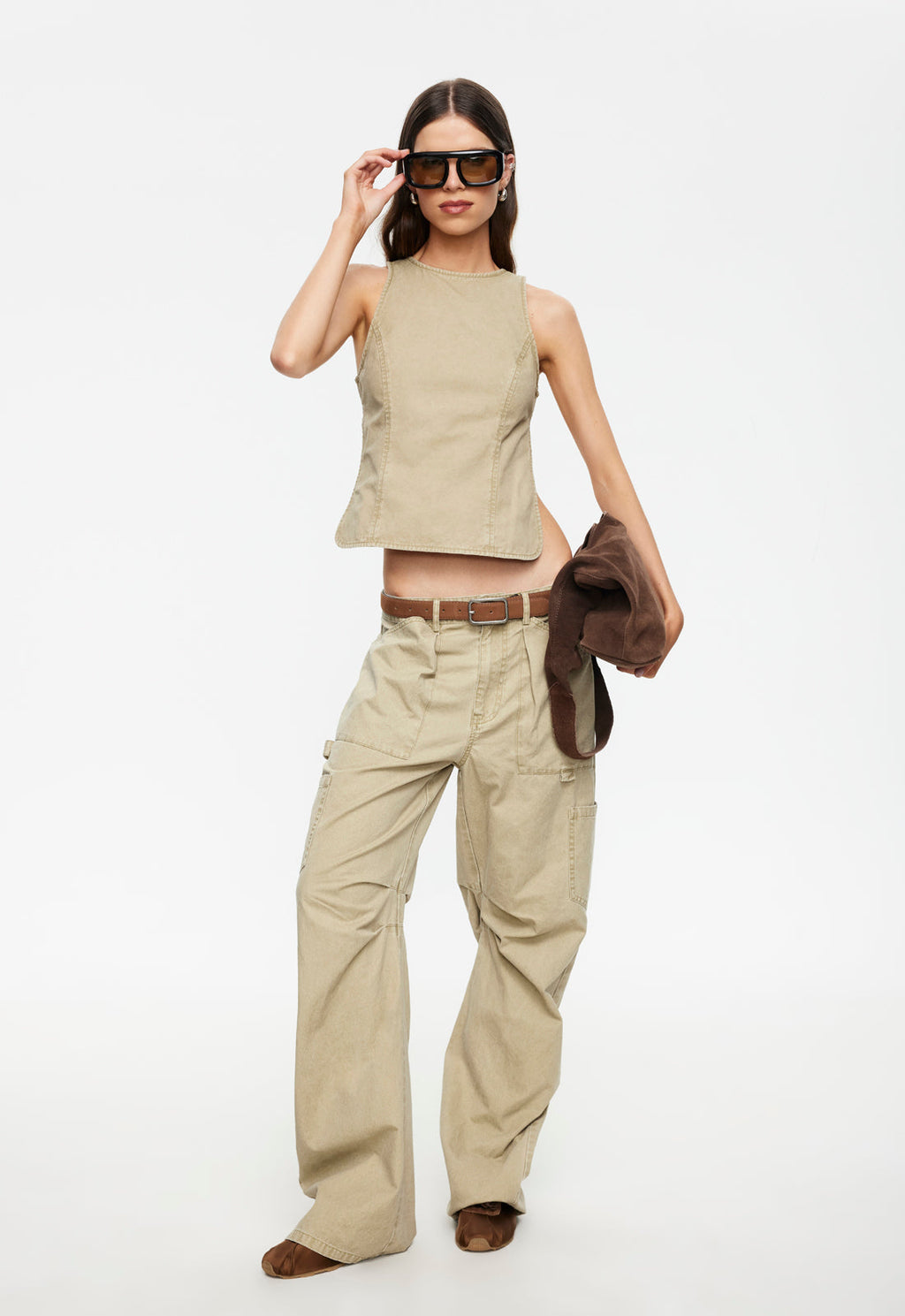 High-Neck Bronze-Clasp Backless Top