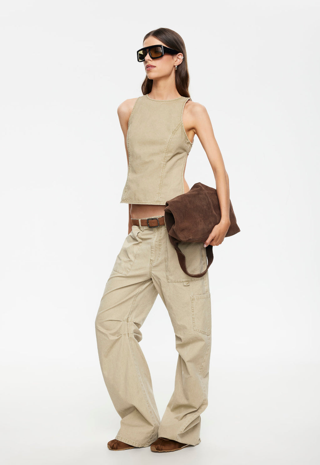 High-Neck Bronze-Clasp Backless Top