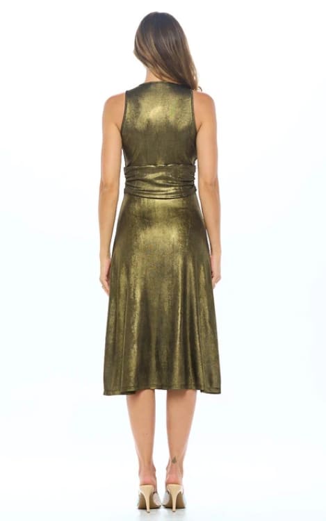 Metallic Solid Deep V Neck Dress