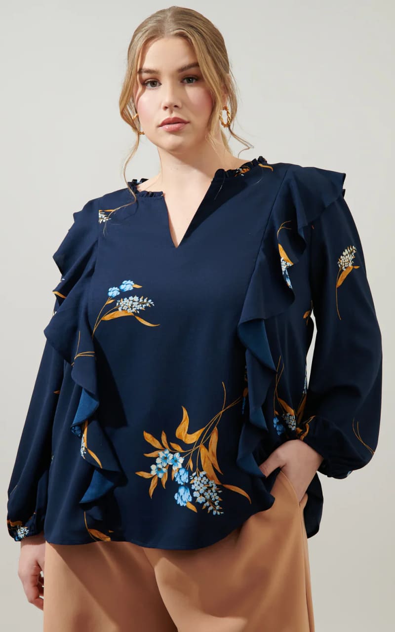 Dusk Bloom Floral  Ruffle Blouse Curve
