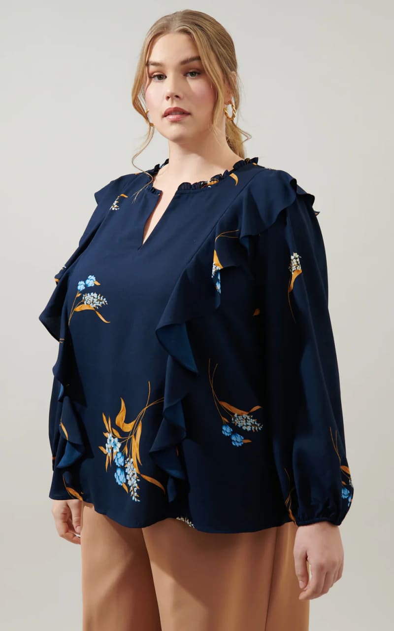 Dusk Bloom Floral  Ruffle Blouse Curve