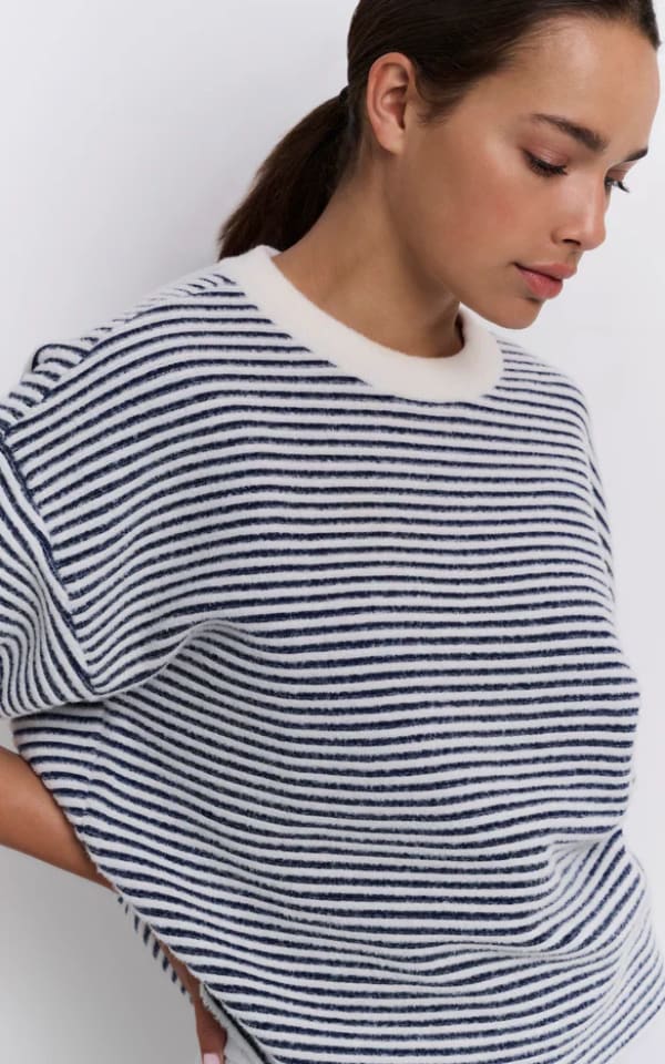 Short Sleeved Striped Fluffy Sweater