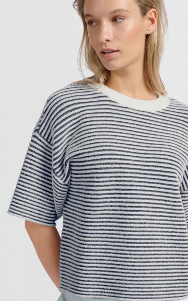 Short Sleeved Striped Fluffy Sweater